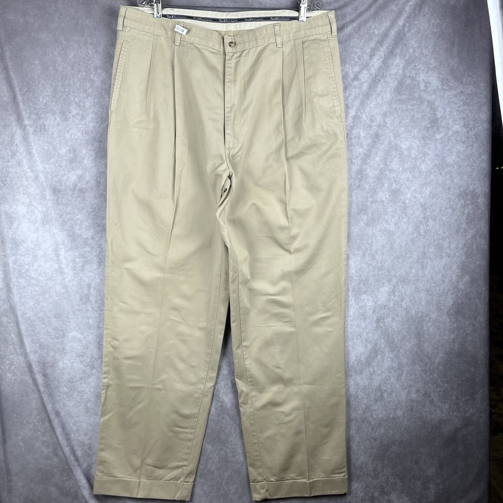Vtg Polo Ralph Lauren Hammond Chino Pant Men 38x32.5 Khaki Pleated Cuffed Cotton